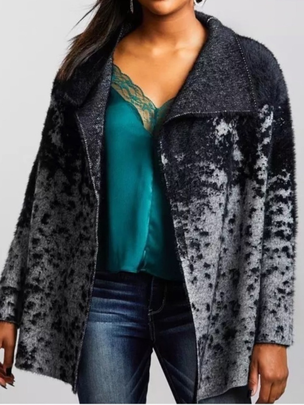 Buckle Black Fuzzy Open Front Cardigan, sz XL, 25” PTP, 30” L